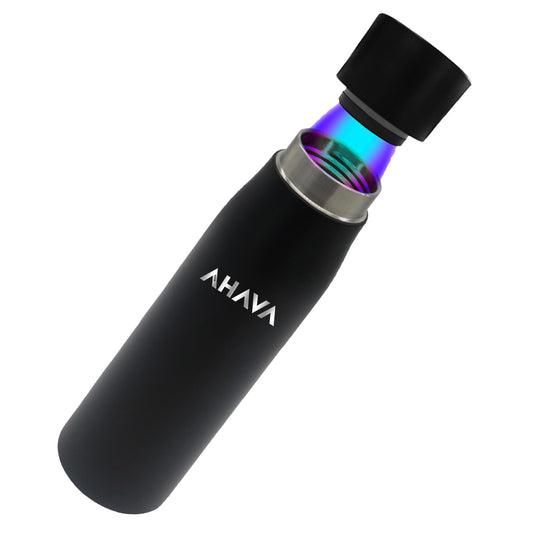 AHAVA Self Cleaning UV Sterilizing Smart Water Bottle 750ml | 316 Superior Insulated Stainless Steel | 1 Year Warranty | Drink Reminders | Temperature Display | for Travel, Gym, School, Office (Black)