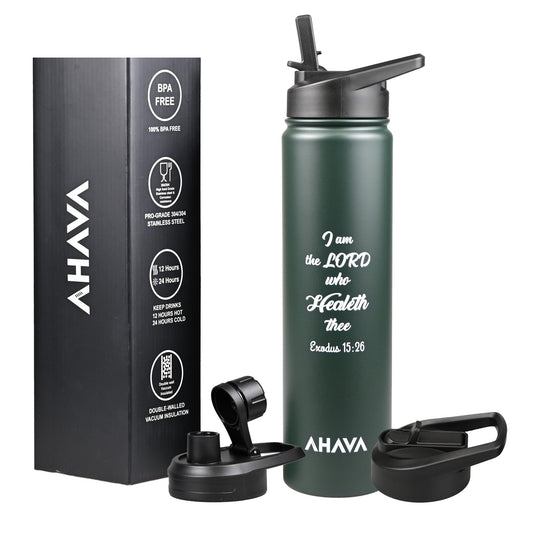 AHAVA Christian Gift Stainless Steel Hot Water Bottle | 750 ml | 2 Lids | Dishwasher Safe | 12hrs Hot, 24hrs Cold | I AM The Lord who Healeth thee | Exodus 15:26 (Dark Slate Green)
