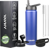 AHAVA 750ml Insulated Water Bottle | 12H Hot, 24H Cold | BPA-Free| 2 Lids: Straw & Spout | Dishwasher Safe, Premium Stainless Steel for Gym, Office, Travel, School (Estate Blue)