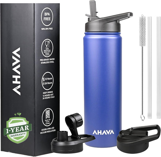 AHAVA 750ml Insulated Water Bottle | 1-Year Warranty | 12H Hot, 24H Cold | BPA-Free| 2 Lids: Straw & Spout | Dishwasher Safe, Premium Stainless Steel for Gym, Office, Travel, School (Estate Blue)