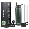 AHAVA 750ml Insulated Water Bottle | 12H Hot, 24H Cold | BPA-Free| 2 Lids: Straw & Spout | Dishwasher Safe, Premium Stainless Steel for Gym, Office, Travel, School (Dark Slate Green)