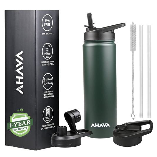 AHAVA 750ml Insulated Water Bottle | 1-Year Warranty | 12H Hot, 24H Cold | BPA-Free| 2 Lids: Straw & Spout | Dishwasher Safe, Premium Stainless Steel for Gym, Office, Travel, School (Dark Slate Green)