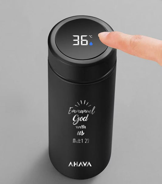 AHAVA 316 Stainless Steel Insulated Water Bottle 500ml | Smart Temp Display | 12H Hot & 24H Cold | BPA-Free, Thermos for Coffee, Tea, Water & Juice | Emmanuel - God with Us (Matthew 1:23) (Black)