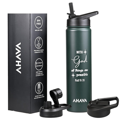 AHAVA Christian Gift Stainless Steel Hot Water Bottle | 750 ml | 2 Lids | Dishwasher Safe | 12hrs Hot, 24hrs Cold | with God All Things are Possible | Matthew 19:26 (Dark Slate Green)